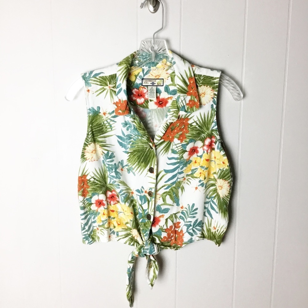 Women's CARIBBEAN JOE Sage Hawaiian Button Up, Tie Floral Shirt Size M